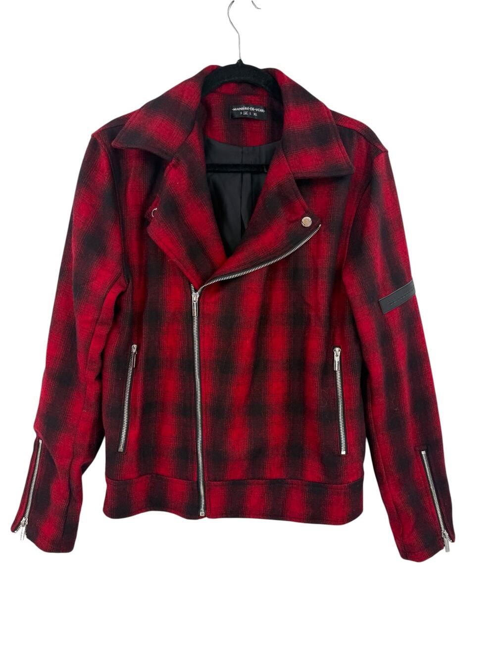 Maniere De Voir Mens Wool Blend Plaid Moto Biker Jacket Red Black Size Medium